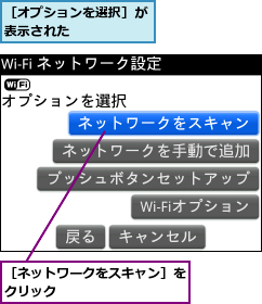 ［オプションを選択］が表示された      ,［ネットワークをスキャン］をクリック         