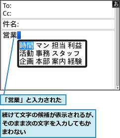 「営業」と入力された,続けて文字の候補が表示されるが、そのまま次の文字を入力してもかまわない