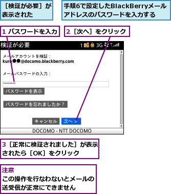 1 パスワードを入力,2［次へ］をクリック,3［正常に検証されました］が表示されたら［OK］をクリック  ,手順6で設定したBlackBerryメール アドレスのパスワードを入力する,［検証が必要］が表示された  