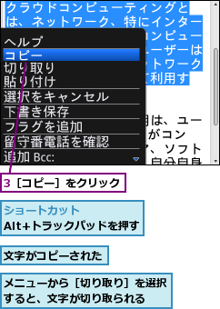 3［コピー］をクリック,メニューから［切り取り］を選択すると、文字が切り取られる　　　,文字がコピーされた