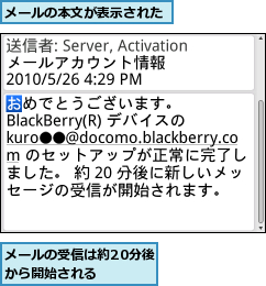 メールの受信は約20分後から開始される  ,メールの本文が表示された