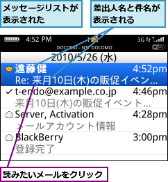 メッセージリストが表示された　　　,差出人名と件名が表示される　　,読みたいメールをクリック