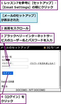 1 レッスン7を参考に［セットアップ］-［Email Settings］の順にクリック,2 画面をスクロール,3 ブラックベリーインターネットサービスのユーザー名とパスワードを入力,4［ログイン］をクリック　　　　,［メールのセットアップ］が表示された　　　　　