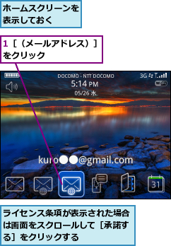 1［（メールアドレス）］をクリック　　　　　　　,ホームスクリーンを表示しておく　　,ライセンス条項が表示された場合は画面をスクロールして［承諾する］をクリックする