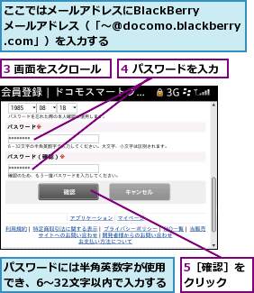 3 画面をスクロール,4 パスワードを入力,5［確認］をクリック  ,ここではメールアドレスにBlackBerryメールアドレス（「〜@docomo.blackberry.com」）を入力する,パスワードには半角英数字が使用でき、6〜32文字以内で入力する