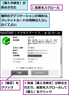 1 画面をスクロール,2［確認］をクリック  ,3 再度［購入手続き］が表示されたら、画面をスクロールして ［購入］をクリック,無料のアプリケーションの場合は、クレジットカードの情報は入力しなくてよい,［購入手続き］が表示された  