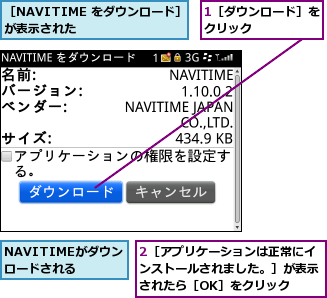 1［ダウンロード］をクリック      ,2［アプリケーションは正常にインストールされました。］が表示されたら［OK］をクリック,NAVITIMEがダウンロードされる,［NAVITIME をダウンロード］が表示された      