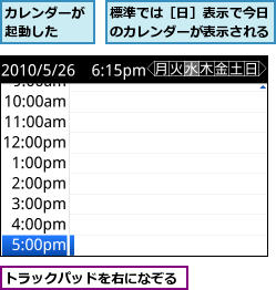 カレンダーが起動した  ,トラックパッドを右になぞる,標準では［日］表示で今日のカレンダーが表示される