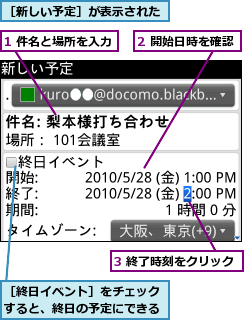 1 件名と場所を入力,2 開始日時を確認,3 終了時刻をクリック,［新しい予定］が表示された,［終日イベント］をチェックすると、終日の予定にできる