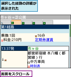 画面をスクロール,選択した経路の詳細が表示された    