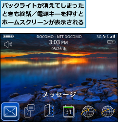 バックライトが消えてしまったときも終話／電源キーを押すとホームスクリーンが表示される