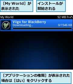 インストールが開始される  ,［My World］が表示された,［アプリケーションの権限］が表示された場合は［はい］をクリックする    