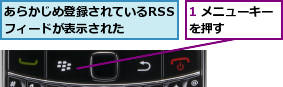 1 メニューキーを押す    ,あらかじめ登録されているRSSフィードが表示された