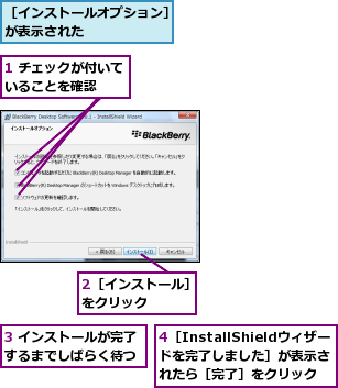 1 チェックが付いていることを確認  ,2［インストール］をクリック    ,3 インストールが完了するまでしばらく待つ,4［InstallShieldウィザードを完了しました］が表示されたら［完了］をクリック,［インストールオプション］が表示された      