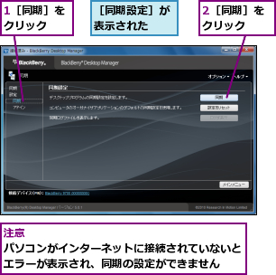 1［同期］をクリック  ,2［同期］をクリック  ,［同期設定］が表示された  