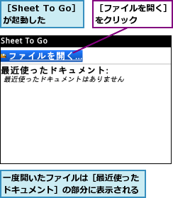 一度開いたファイルは［最近使ったドキュメント］の部分に表示される,［Sheet To Go］が起動した  ,［ファイルを開く］をクリック    