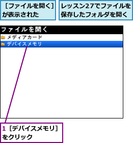 1［デバイスメモリ］をクリック    ,レッスン27でファイルを保存したフォルダを開く,［ファイルを開く］が表示された  