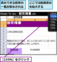 ここでは画面表示を拡大する  ,表示できる倍率の一覧が表示される,［150％］をクリック