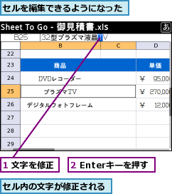 1 文字を修正,2 Enterキーを押す,セルを編集できるようになった,セル内の文字が修正される