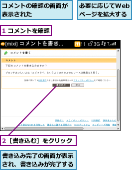 1 コメントを確認,2［書き込む］をクリック,コメントの確認の画面が表示された      ,必要に応じてWebページを拡大する,書き込み完了の画面が表示され、書き込みが完了する