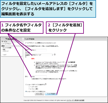 1 フィルタ名やフィルタの条件などを設定　　　,フィルタを設定したいメールアドレスの［フィルタ］をクリックし、［フィルタを追加します］をクリックして編集画面を表示する,２［フィルタを追加］ をクリック　　　