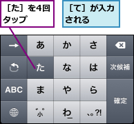 ［た］を4回タップ　　　,［て］が入力される　　