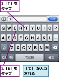 1［T］をタップ,2［E］をタップ,［て］ が入力される　　　