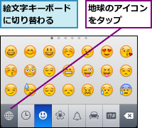 地球のアイコンをタップ  ,絵文字キーボードに切り替わる  
