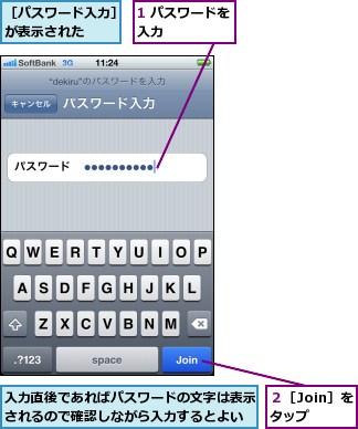 1 パスワードを入力      ,入力直後であればパスワードの文字は表示されるので確認しながら入力するとよい,２［Join］をタップ,［パスワード入力］が表示された  