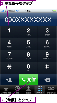 1 電話番号をタップ,2［発信］をタップ