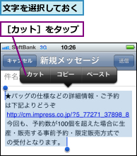 文字を選択しておく,［カット］をタップ