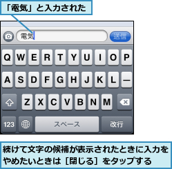 「電気」と入力された,続けて文字の候補が表示されたときに入力をやめたいときは［閉じる］をタップする　　　　　　　