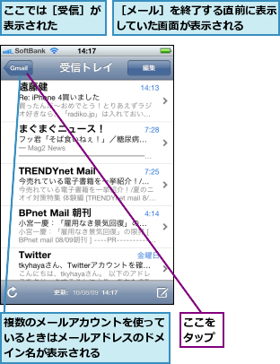 ここでは［受信］が表示された    ,ここをタップ,複数のメールアカウントを使っているときはメールアドレスのドメイン名が表示される,［メール］を終了する直前に表示していた画面が表示される  
