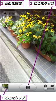 1 画面を確認,2 ここをタップ,3 ここをタップ