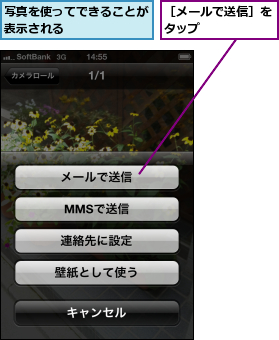 写真を使ってできることが表示される      ,［メールで送信］をタップ      