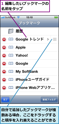 1 編集したいブックマークの名前をタップ       ,自分で追加したブックマークが複数ある場合、ここをドラッグすると順序を入れ替えることができる