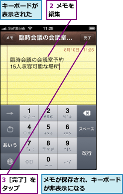 3［完了］をタップ　　,キーボードが表示された,メモが保存され、キーボードが非表示になる　　　　　,２ メモを編集　　