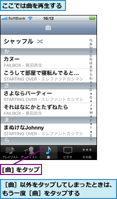 [曲] をタップ,ここでは曲を再生する,［曲］以外をタップしてしまったときは、もう一度［曲］をタップする      