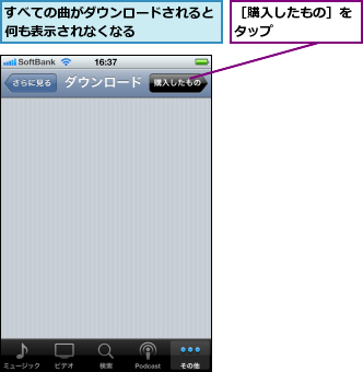 すべての曲がダウンロードされると何も表示されなくなる      ,［購入したもの］をタップ      