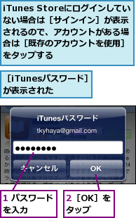 1 パスワードを入力　　　,2［OK］をタップ,iTunes Storeにログインしていない場合は［サインイン］が表示されるので、アカウントがある場合は［既存のアカウントを使用］をタップする　　　,［iTunesパスワード］が表示された