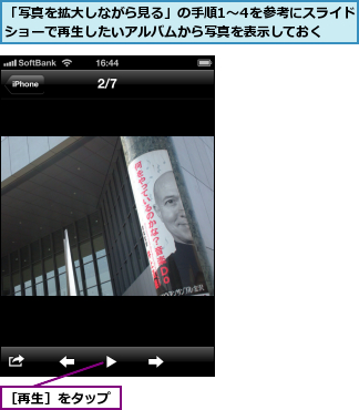 「写真を拡大しながら見る」の手順1〜4を参考にスライドショーで再生したいアルバムから写真を表示しておく,［再生］をタップ