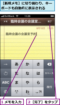 1 メモを入力,２［完了］をタップ,［新規メモ］に切り替わり、キーボードも自動的に表示される　　