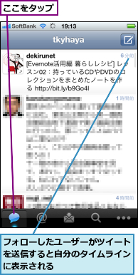 ここをタップ,フォローしたユーザーがツイートを送信すると自分のタイムラインに表示される