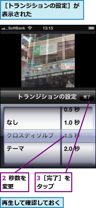 2 秒数を変更　　,3［完了］をタップ　　,再生して確認しておく,［トランジションの設定］が表示された　　　　　　　　