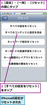 1［設定］-［一般］-［リセット］の順にタップ　　　　　　　　　　　,2［すべての設定をリセット］をタップ　　　　　　　　　,iPhoneの設定がリセットされた