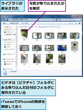 iTunesでiPhoneの接続を解除しておく,ビデオは［ピクチャ］フォルダにある取り込んだ日付のフォルダに保存されている,ライブラリが表示された,写真が取り込まれたかを確認　　　　　　　