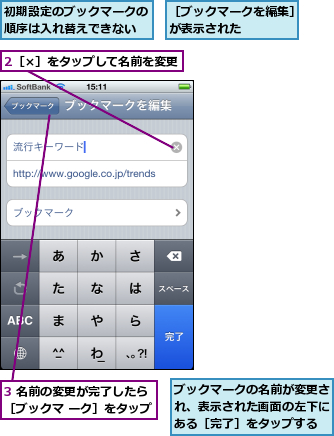 2［×］をタップして名前を変更,3 名前の変更が完了したら［ブックマ ーク］をタップ,ブックマークの名前が変更され、表示された画面の左下にある［完了］をタップする,初期設定のブックマークの順序は入れ替えできない,［ブックマークを編集］が表示された    