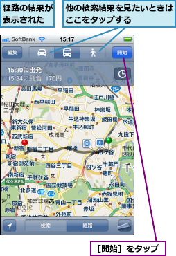 他の検索結果を見たいときはここをタップする    ,経路の結果が表示された,［開始］をタップ