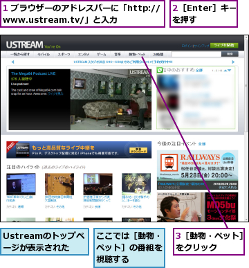 1 ブラウザーのアドレスバーに「http://www.ustream.tv/」と入力,2［Enter］キーを押す,3［動物・ペット］をクリック    ,Ustreamのトップページが表示された,ここでは［動物・ペット］の番組を視聴する    