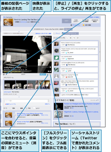 ここにマウスポインターを合わせると、音量の調節とミュート（消音）ができる,ソーシャルストリーム（Twitterで書かれたコメント）が表示される,映像が表示された  ,番組の配信ページが表示された  ,［フルスクリーン］をクリックすると、フル画面表示にできる,［停止］/［再生］をクリックすると、ライブの停止/ 再生ができる